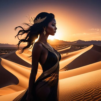 Mesmerizing image of woman in flowing gown, set against radiant moon. Soft winds create magical effect, highlighting her silhouette and evoking emotions of freedom and tranquility