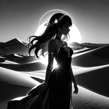 Striking silhouette of woman in flowing gown, set against dramatic moonlit sky. Wind tousles her hair, enhancing the ethereal quality of the moment in a vast, serene landscape