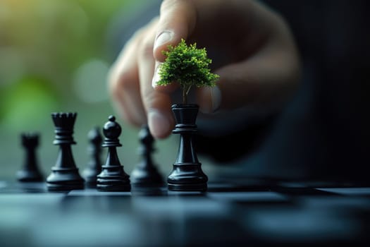 Investment strategy and challenges. Business man moving a chess piece forward..