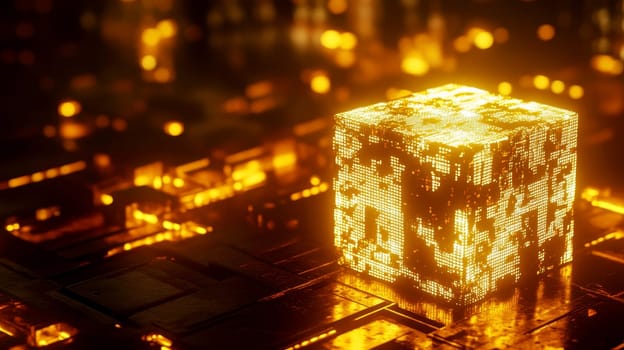 A glowing cube quantum computer over a circuit board. Generate AI.