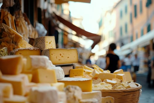 Piedmont fresh cheese wheels on open air market stall in Italy. generative ai.