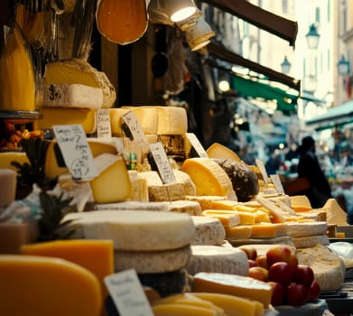 Piedmont fresh cheese wheels on open air market stall in Italy. generative ai.