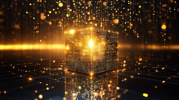 A glowing cube quantum computer over a circuit board. Generate AI.