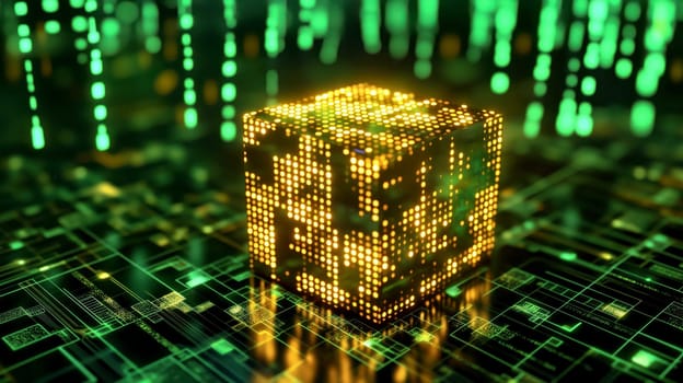 A glowing cube quantum computer over a circuit board. Generate AI.