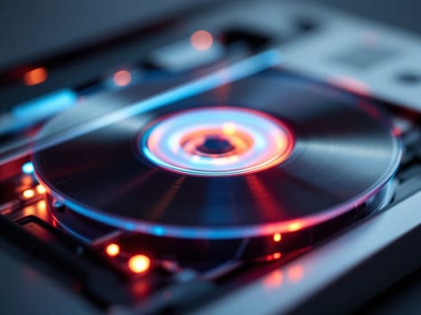 Close-up of a futuristic dvd or hard disk drive spinning with blue and red led lights, data storage concept. Ai generated