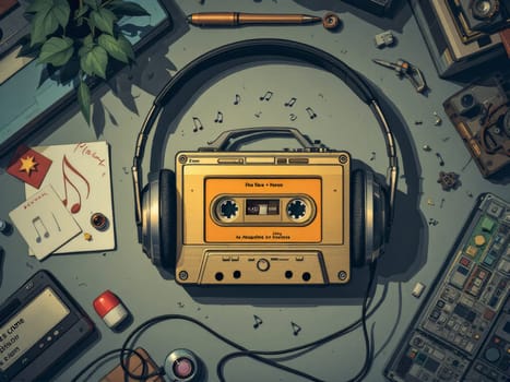 Retro music concept with old cassette player, headphones and music notes scattered on a desk, evoking nostalgia and memories of past musical experiences. Ai generated