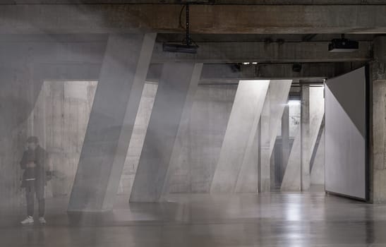London, UK - Nov 07, 2023 - View of Concrete pillars inside Blavatnik Building of Tate Modern Switch House extension. Interior at Tate modern its distinctive and lattice brickwork. Angular structure, Space for text, Selective Focus.
