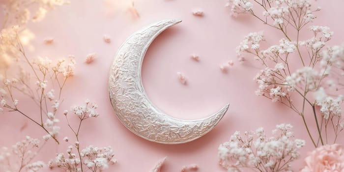 Decorative silver crescent moon on pastel background with delicate floral accents for elegant design.