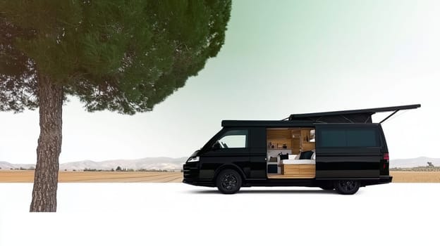 Luxurious camper van parked near a tree in the countryside, offering a peaceful and comfortable retreat for nature enthusiasts