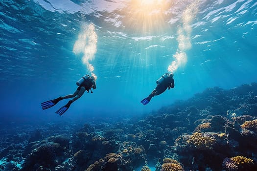 Silhouette of young couple diving together. Joint sport hobby concept.