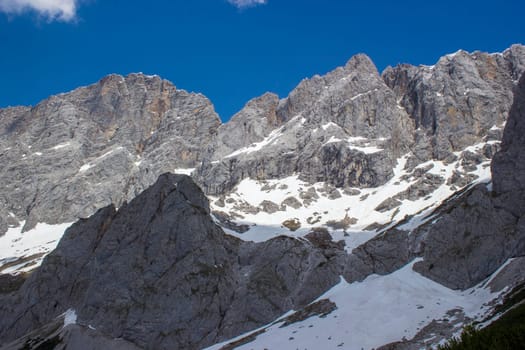 Panorama of massive Alpine mountains. Landscape in the Austrian Alps of the Dachstein region (Styria in Austria)