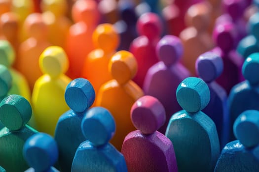 Top view of wooden figures of people of different colors. Individuality, uniqueness, leadership and difference concept.