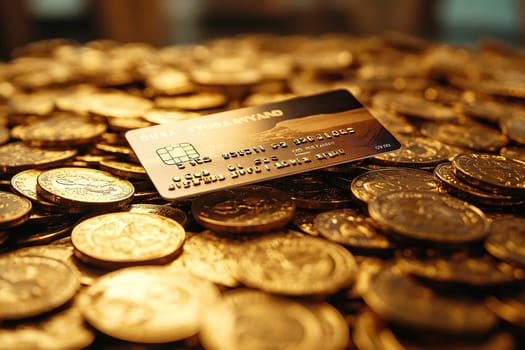 A gold credit card lies on a pile of gold coins. Concept of enrichment.