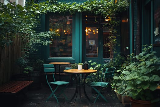 A small cozy cafe with a table outside, surrounded by green trees.