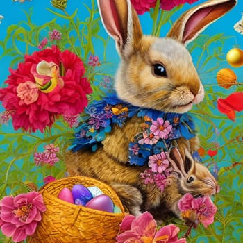 Easter bunny clip art holiday white background, botany style, quality illustration decor decoration flowers design