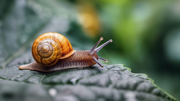 A snail moves slowly across a green leaf in a lush garden, enjoying the sunlight and showcasing its golden-brown shell - Generative AI