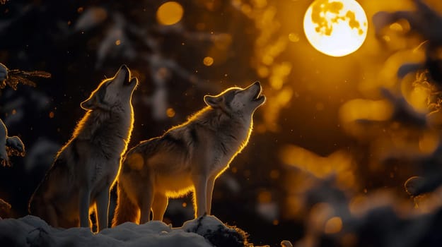 Two wolves stand on a snowy patch, howling towards a bright golden sunset. The surrounding trees create a serene winter atmosphere as evening falls - Generative AI