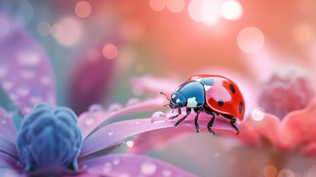 A ladybug moves gracefully over vibrant petals with dew drops, set against a soft, colorful background during a sunny day in the garden - Generative AI
