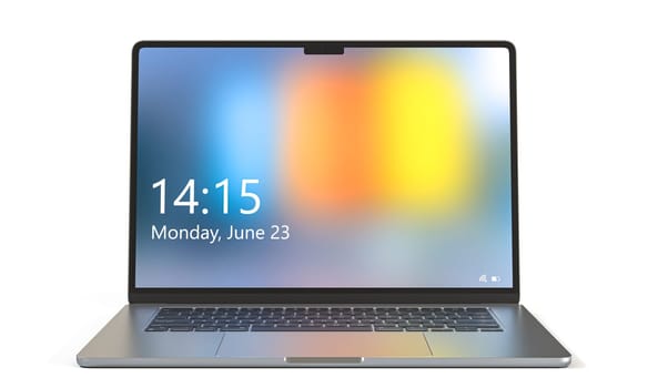 Modern silver laptop showing lock screen on white background 3d