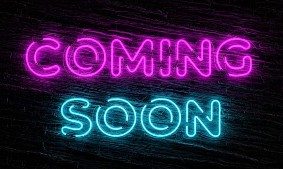 Coming soon neon sign on dark slate stone background 3d
