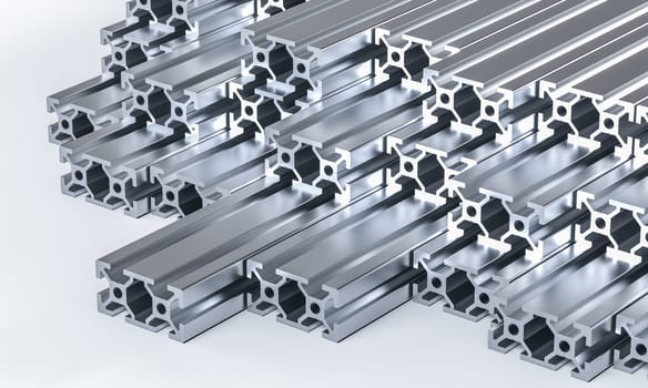 Stacked aluminum extruded profiles  industrial background 3d