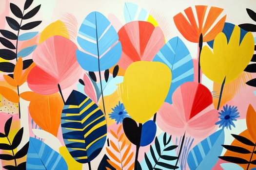 Colorful leaves and flowers come together in an abstract artwork, showcasing various shapes and vibrant hues that brighten the space - Generative AI