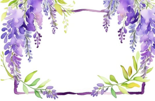 Frame of wisteria hang down. Watercolor painting on a white background