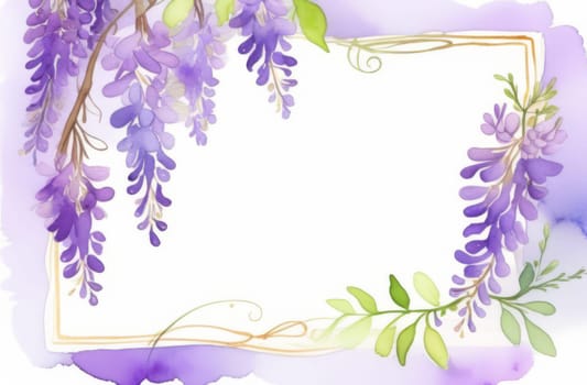Frame of wisteria hang down. Watercolor painting on a white background