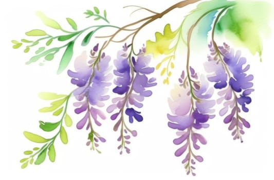 Wisteria hang down. Watercolor painting on a white background