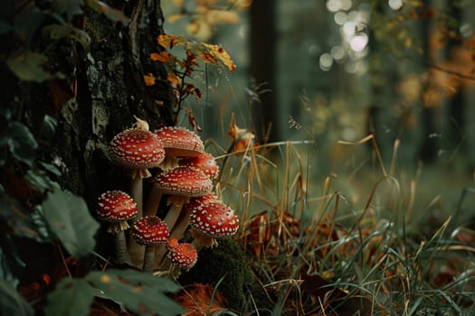 Red and white spotted fly agaric mushrooms growing in the grass by a tree trunk, illuminated by warm sunlight shining through the trees
