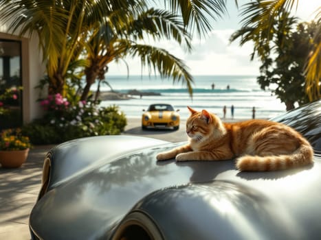 Orange tabby cat resting on a gray vintage car, with another classic yellow car in the background, near a tropical beach with palm trees. Ai generated