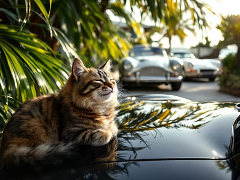 Cute cat enjoying the sun on a classic car, surrounded by lush tropical vegetation, creating a luxurious and carefree atmosphere. Ai generated