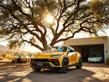 White dog lying on yellow Lamborghini Urus parked near garage with vintage sport cars, under big tree and sunset light. Ai generated