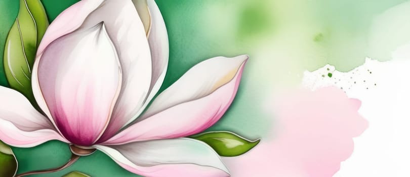 A botanical artwork depicting pink magnolia with green leaves on a blank