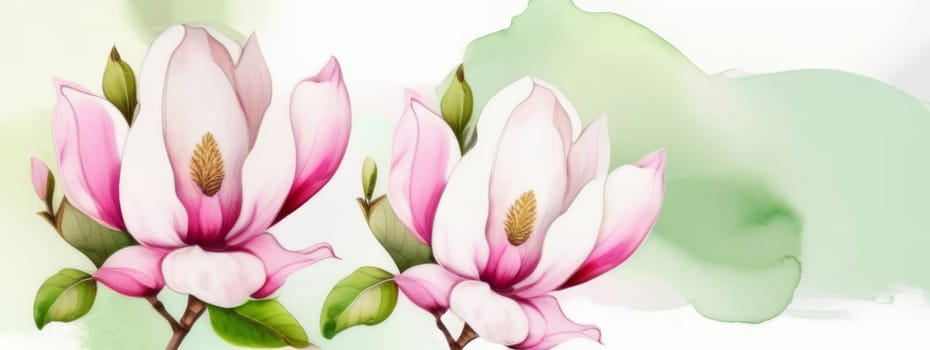 A botanical artwork depicting two pink magnolia with green leaves on a blank, white canvas. The delicate petals and vibrant colors highlight the beauty of this terrestrial plant