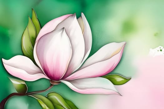 A botanical artwork depicting pink magnolia with green leaves on a blank