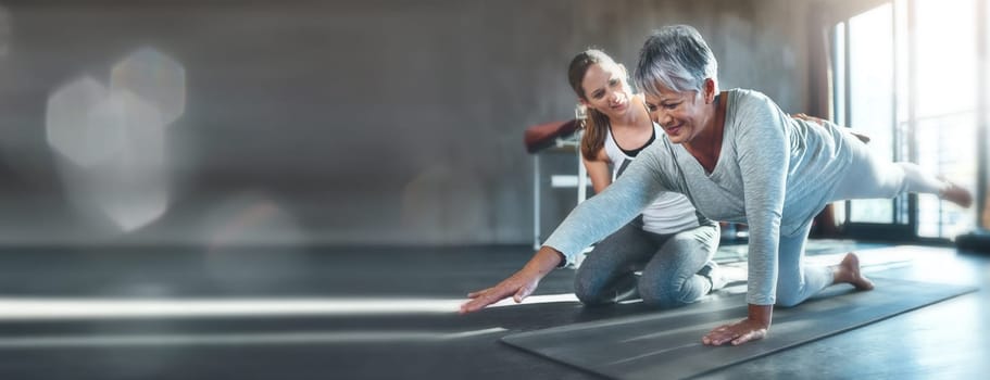 Exercise, mockup and mature woman in gym with personal trainer workout, help and stretching on banner. Info space, fitness and senior person with physio floor challenge, coaching motivation and bokeh.