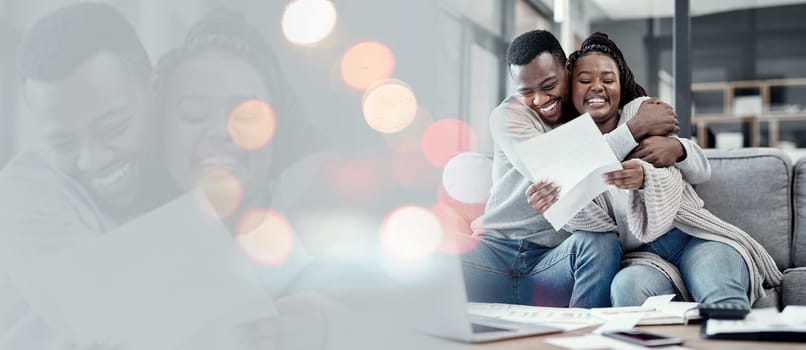 Couple, documents and hug for home budget, financial success or loan application on living room sofa and banner. African people with bank letter for mortgage, investment and love with double exposure.