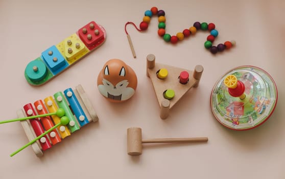 Eco-friendly colored wooden educational toys according to the Montessori method for preschool children. Children's wooden toys. Educational logic toys for kids. Montessori Games for Child Development