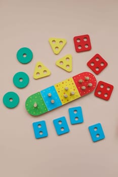 Sorter on neutral background. Multicolored logic sorter close up. Wooden educational logic toy for kid's. Montessori games for early child development.