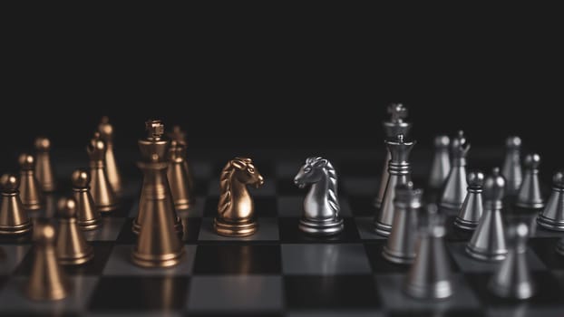 Gold and silver chess pieces in chess board game for business comparison. Leadership concepts, human resource management concepts.