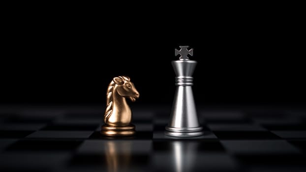 Gold and silver chess pieces in chess board game for business comparison. Leadership concepts, human resource management concepts.