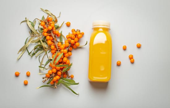 Sea buckthorn healthy juicy drink in bottle and branches with leaves and ripe berries top view on light grey simple background..