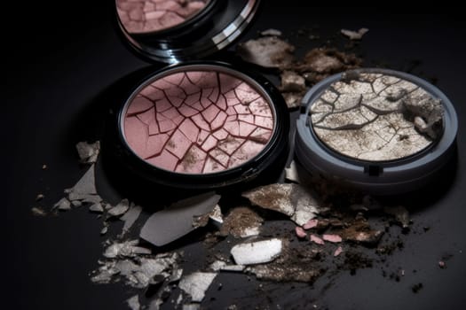 A close-up of a beige face powder and eyeshadow compact with a brush, perfect for makeup tutorials and product reviews. This image is AI Generative.