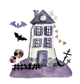 Halloween house with bats and lollipops watercolor art. Creepy autumn holiday drawing with mystery ghost home