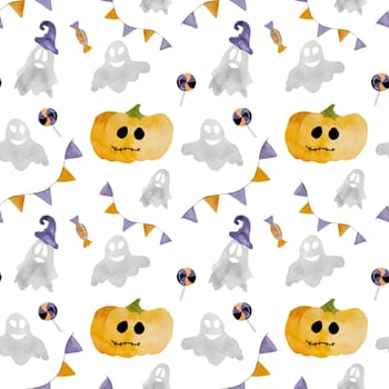 Halloween pumpkin with ghost watercolor painting seamless pattern. Creepy autumn holiday drawing for trick and treat night wit orange vegetable