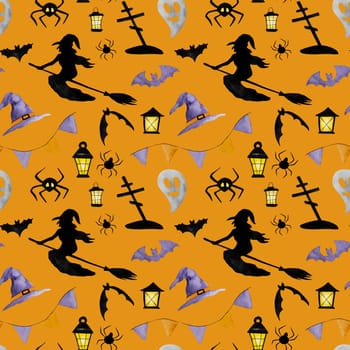 Halloween creepy tree and witch on broom with spiders watercolor illustration seamless pattern. Horror autumn holiday drawing