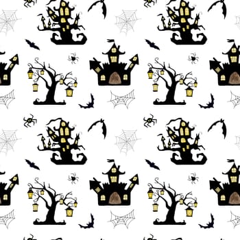 Halloween watercolor seamless pattern wih ghosts and bats on white background. Autumn october scary holiday decoration