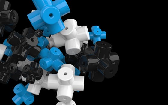 Abstract 3d hard shiny plastic crossed tubes shapes, black, white and blue colored, isolated on black background. 3D rendering illustration