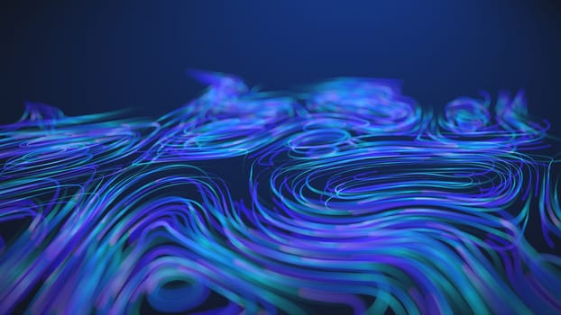 An abstract and dynamic digital composition showcases glowing lines in shades of blue and purple, symbolizing flowing data streams, futuristic networks, and technological motion.